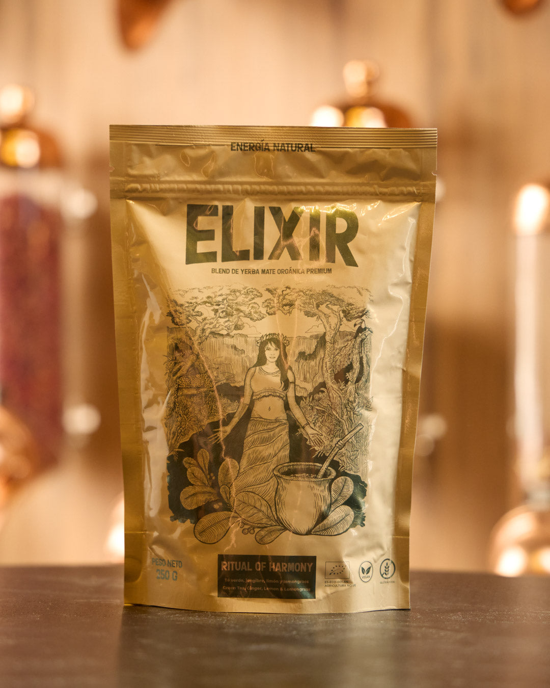 Elixir blend de Yerba mate orgánica. Ritual of Harmony. Yerba mate combinada con te verde jengibre y limón  